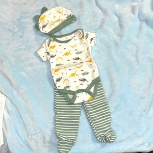 3pc dinosaur outfit with bodysuit, footed pants and matching hat